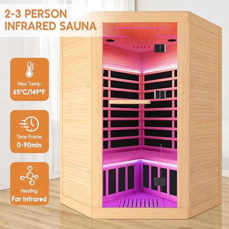 Indoor Sauna Two Person Far Infrared Saunas for Home 1 - 3 Person Wood Sauna Canadian Hemlock 2180W/110V Low EMF Dry Sauna Room with Oxygen Bar/7 Color Therapy/9 Heating Plates/Control Panel/Speaker HOSAUNA