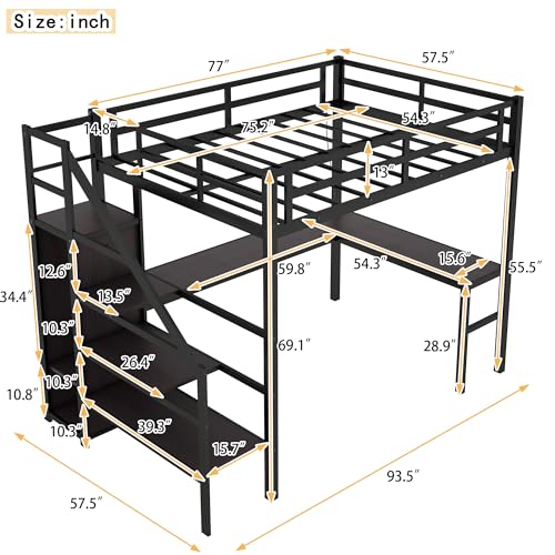 Full Size Black Loft Bed with Desk, Storage Stairs, Wardrobe, USB Charging Station, RGB LED Lights - WoodArtSupply