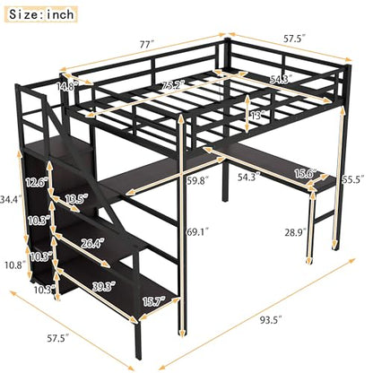 Full Size Black Loft Bed with Desk, Storage Stairs, Wardrobe, USB Charging Station, RGB LED Lights - WoodArtSupply