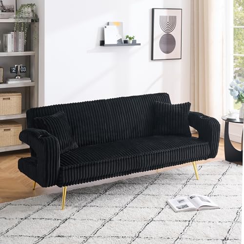 73" Convertible Futon Sofa Bed,Modern Corduroy Sleeper Couch with 3 Reclining Backrests,Golden Chrome Legs,Comfy Cloud Sofa Loveseat for Small Living Room Bedroom Office (Black) Majnesvon