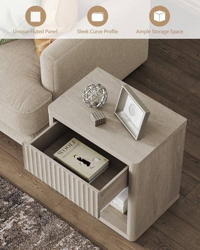 SICOTAS Night Stand Nightstand with Drawer Storage Fluted Bed Side Table End Table Large Modern Wide Bedside Stand Mid Century Night Stands for Bedroom Living Room Sofa Couch Home Office, White Alder SICOTAS