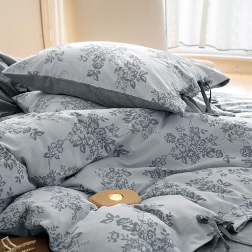 VM VOUGEMARKET Duvet Cover Set King Size Linen Cotton Yarn-Dyed Duvet Cover,Jacquard Garden Floral Pattern Monet Style 3Pieces Bedding Set,Navy Blue VM VOUGEMARKET