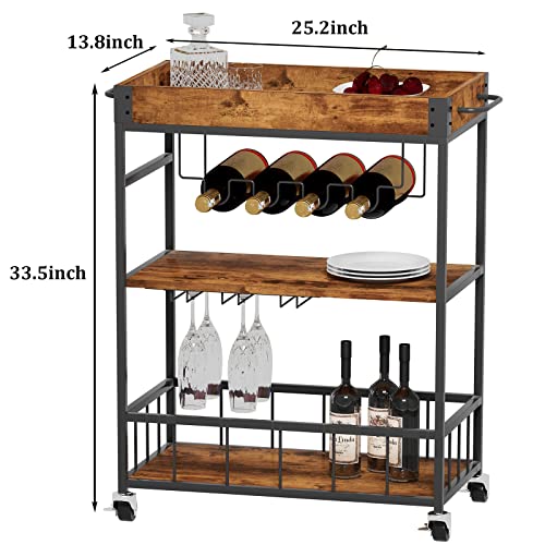 Azheruol Bar Cart Serving Wine 3 Tier Home Rolling Rack with Wheels Mobile Kitchen Industrial Vintage Style Wood Metal Serving Trolley Serving Cart,Glass Holder Bar Cabinet