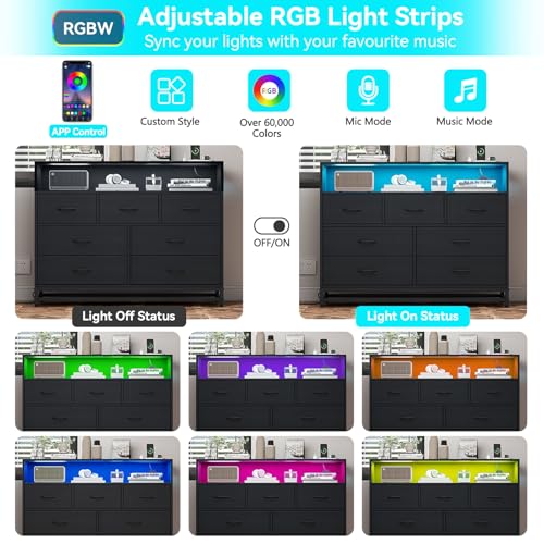 Black Dresser for Bedroom, Wooden Modern 7 Drawers Long Dresser with Charging Station and Led Lights Design, Large Capacity Storage Chest of Drawers, Wide Dresser for Living Room, Hallway GarveeHome