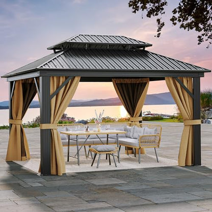 YITAHOME 12x14ft Gazebo Hardtop Double Roof Outdoor Heavy Duty w/Nettings and Curtains, Upgraded Aluminum Canopy Column Galvanized Steel Vertical Stripes Roof for Patio, Backyard, Deck, Lawns - WoodArtSupply