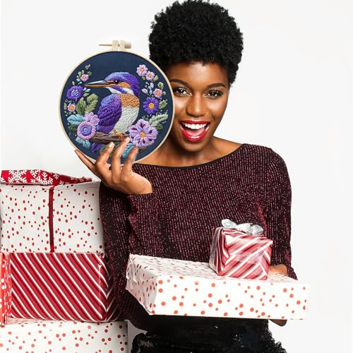 FONNUY Embroidery Kit for Beginners, Birds with Flowers Pre-Stamped Pattern Kits for Adults with Hoop, Easy to Follow Color Thread Needlework, 8'' Hoop (Purple 2)