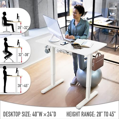 SHW 40-Inch Electric Height Adjustable Standing Desk with Drawer, Memory Preset and Cable Management Tray, White SHW