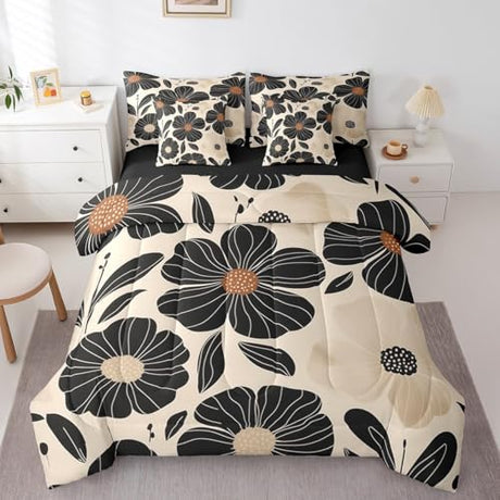 Feelyou Boho Flower 7 Piece Bedding Set King Size Black Flowers Comforter Set with Sheets for Kids Boys Girls Teens Floral Botanical Bed in a Bag Vintage Retro Bed Set Feelyou