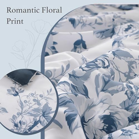 BLOOMHAVEN Queen Comforter Set -7 Pieces Floral Blue Comforter Set for All Seasons, Bed in a Bag Queen with Botanical Flowers Comforter, Sheets, Pillowcases & Shams BLOOMHAVEN