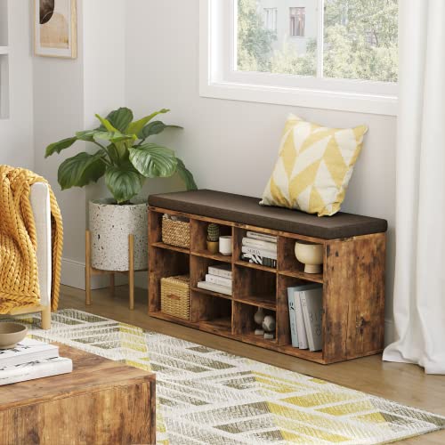 DINZI LVJ Shoe Storage Bench with Cushion, Cubby Shoe Rack with 12 Cubbies, Adjustable Shelves, Multifunctional Shoe Organizer Bench for Entryway, Mudroom, Hallway, Closet and Garage, Rustic Brown DINZI LVJ