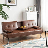 ARLIME Convertible Futon Sofa Bed, Faux Leather Sofa Sleeper W/Adjustable Backrest, Folding Cup Holder, Removable Armrests, Steel Leg, Modern Style Sofa Bed for Livingroom, Office, Apartment (Brown) ARLIME