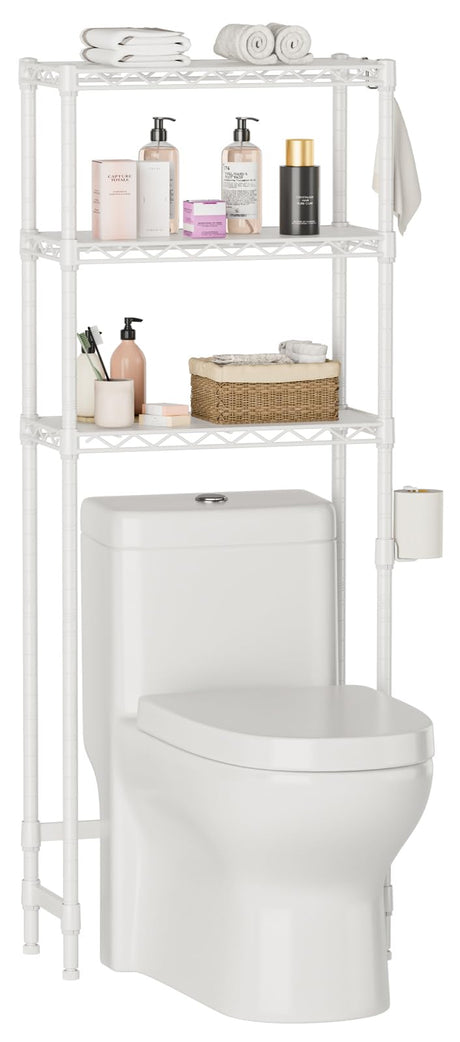 Over The Toilet Shelf,3-Tier Adjustable Freestanding Metal Bathroom Organizer Shelves with Toilet Paper Holder & Hooks,Space-Saving for Narrow Small Bathroom,10”D x 24”W x 66”H,White Golpart