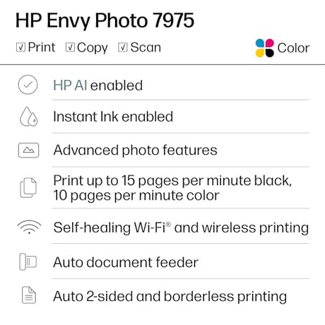 HP Envy Photo 7975 Wireless Color Inkjet Photo Printer, Print, scan, Copy, Easy Setup, Mobile Printing, Best-for-Home, 3 Month Instant Ink Trial Included, AI-Enabled (B63K3A) HP