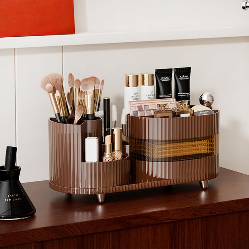 Rotating Makeup Organizer for Vanity with Brush Holder and Drawer, 3 Layer Cosmetic Makeup Storage, Large Makeup Skincare Organizer, Countertop Makeup Perfume Organizer, Lotions Display Case (Brown) COMFYROOM