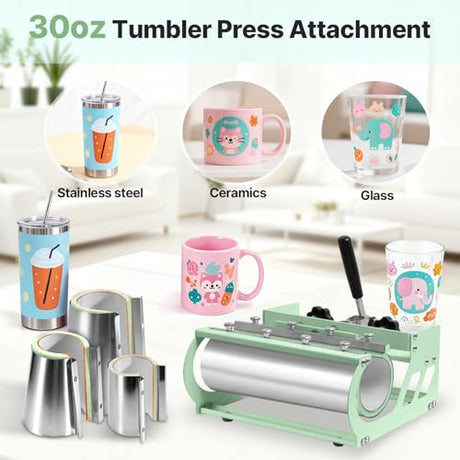 Slendor 8 in 1 Heat Press Machine 15x15 inch 360-Degree Swing Away Digital T Shirt Pressing Machine Multifunction Heat Transfer Sublimation Combo for T Shirts Mugs Hat Plate Cap, Green Slendor