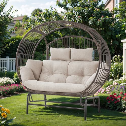 LUMIINOFAMI Outdoor Glider Egg Chair, Oversized 2 Person Egg Rocking Chair with Thick Cushions, Wicker Egg Chair Rattan Porch Furniture Loveseat Lounge Chair for Bedroom Sunroom Backyard(Brow - WoodArtSupply