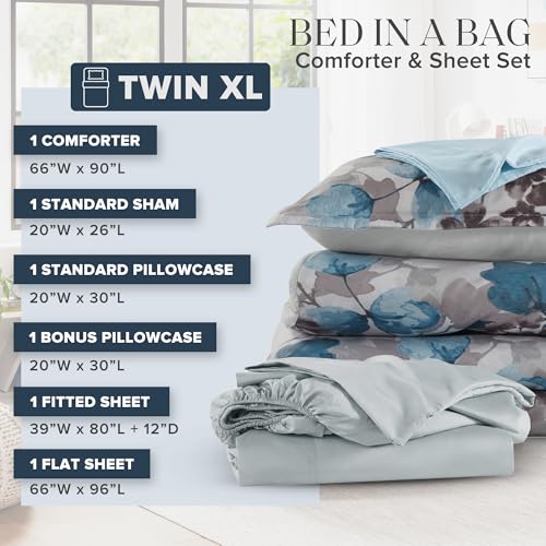 Madison Park Twin XL Comforter Set with Sheets, Floral Bed in A Bag Soft Microfiber Comforter for Twin XL Size Bed, All Season Lightweight Comforters Twin XL Bed Set, Alexis, 6 Piece Blue Madison Park