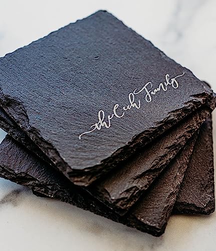 Engraved Slate Coasters for Drinks Custom Coaster Set Monogrammed Initial Name Personalized Gift for Couples Handmade by The Painted Pug (Engraved Slate) The Painted Pug