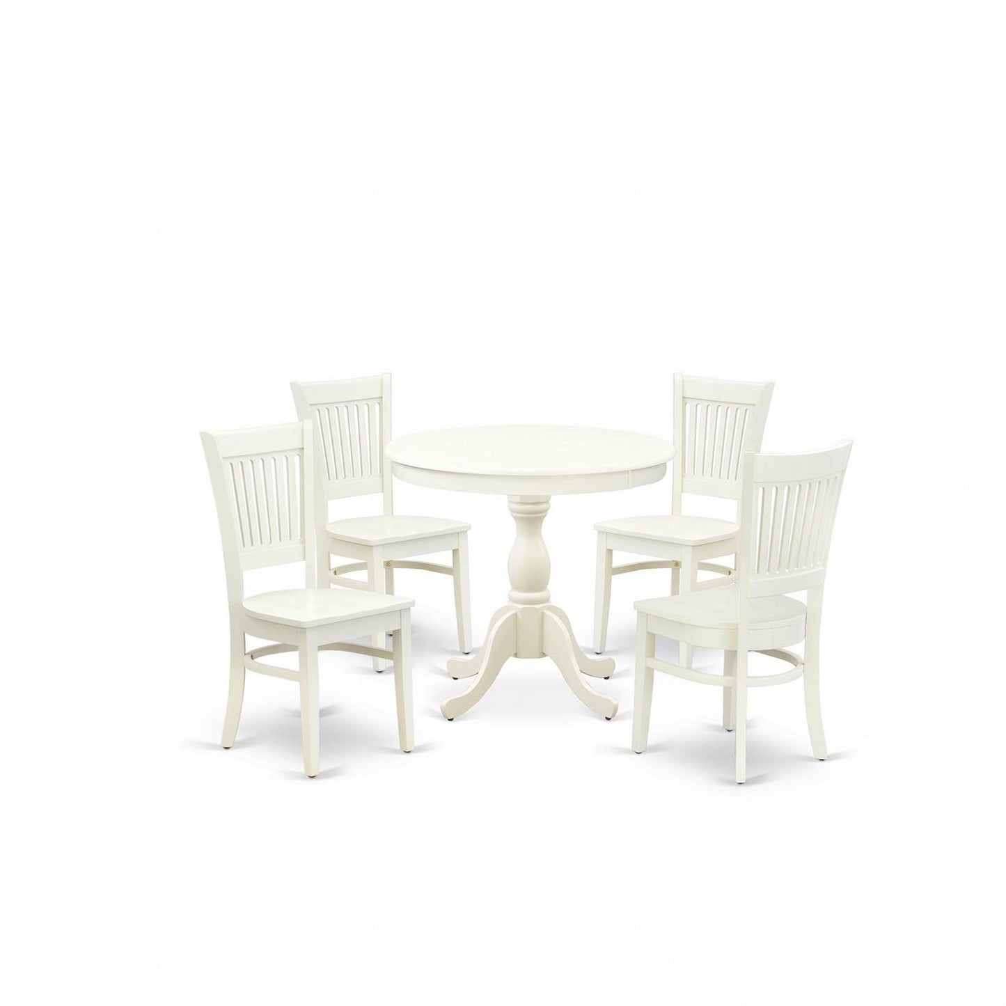 East West Furniture AMVA5-LWH-W Antique 5 Piece Kitchen Set Includes a Round Room Table with Pedestal and 4 Dining Chairs, 36x36 Inch - WoodArtSupply