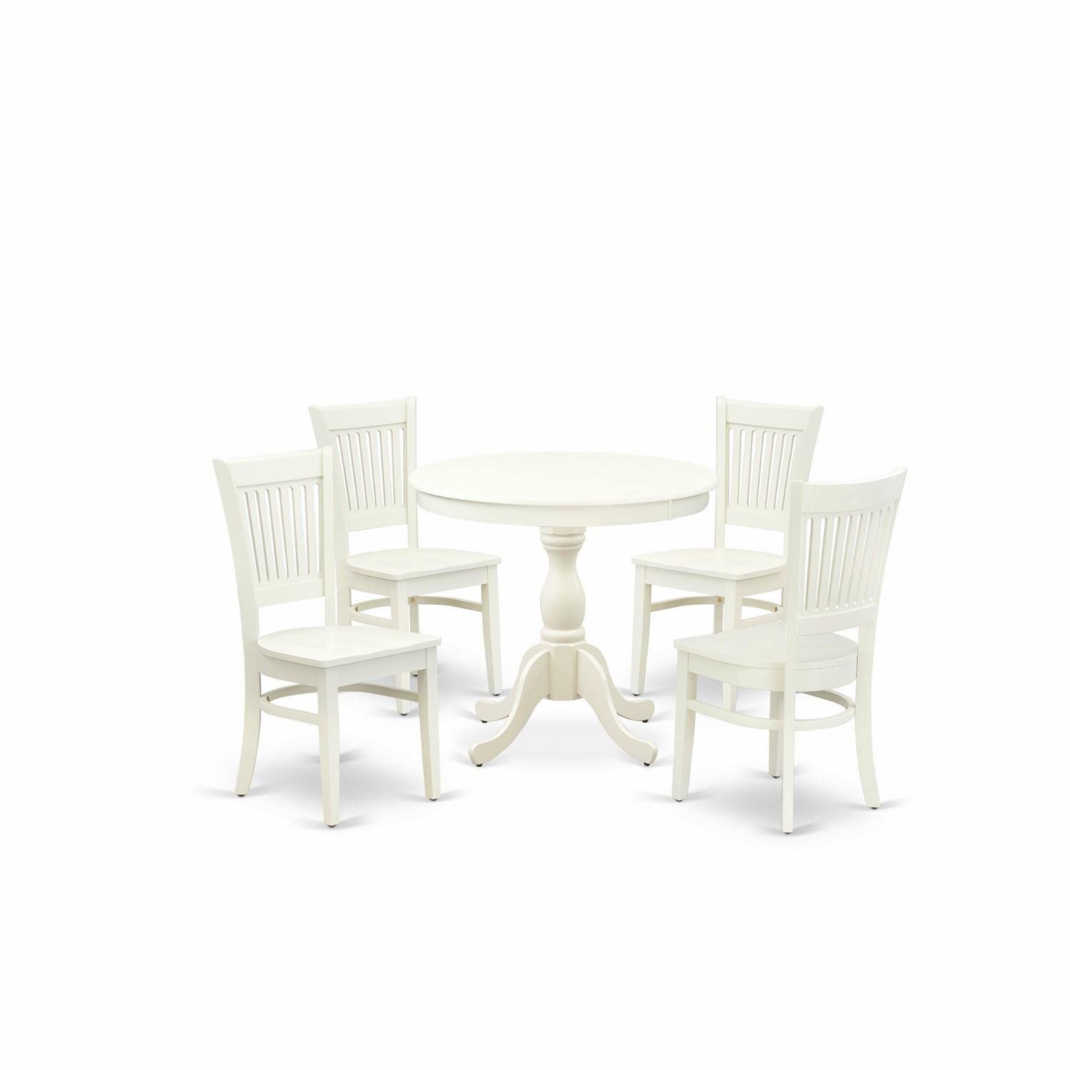 East West Furniture AMVA5-LWH-W Antique 5 Piece Kitchen Set Includes a Round Room Table with Pedestal and 4 Dining Chairs, 36x36 Inch - WoodArtSupply