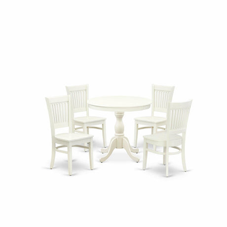 East West Furniture AMVA5-LWH-W Antique 5 Piece Kitchen Set Includes a Round Room Table with Pedestal and 4 Dining Chairs, 36x36 Inch East West Furniture