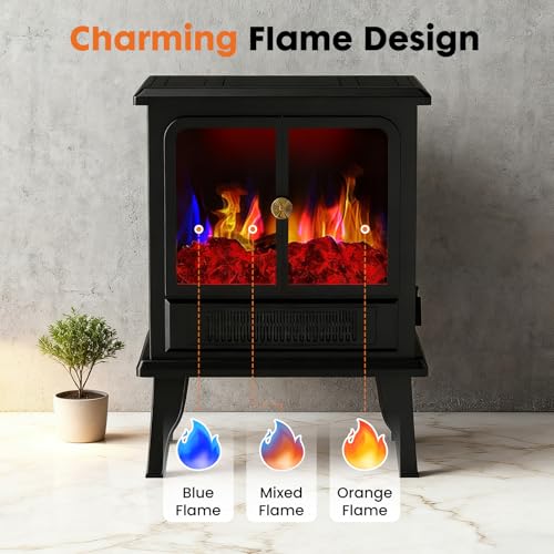 Sweetcrispy 19” Freestanding Electric Fireplace Heater, Indoor Fireplace with Adjustable Flame Effect, Easy Control, Small Corner Heater for Living Room, Bedroom, Carbon Black Sweetcrispy