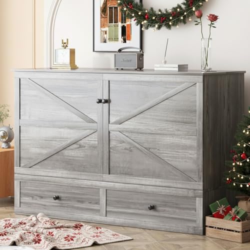 BALUS Queen Murphy Bed with Mattress Included, Cabinet Beds with Tri-Fold Mattress, Murphy Cabinet Beds with USB Charging Station and Storage Drawers, Murphy Queen Bed for Bedroom, Dark Grey BALUS