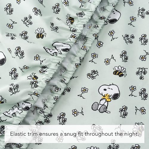 Berkshire Blanket Peanuts® Kids Sheet Set Twin Size - 3 Pieces,Cute Character Snoopy Printed Soft Microfiber Bed Sheets,Mini Snoopy & Woodstock New Flower and Bees Sage Berkshire Blanket