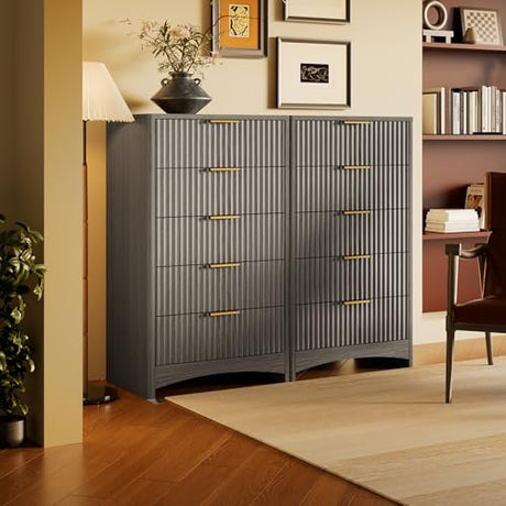 Marsail 5 Drawer Tall Wooden Dresser with Smooth-Glide Drawers, Modern Storage Solution for Bedrooms and Hallway, Featuring Large Capacity and an Elegant Natural Wood Finish, Light Grey Marsail