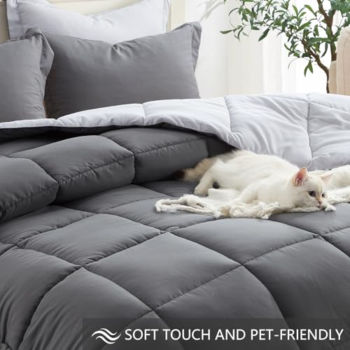 Homelike Moment Queen Comforter Set Grey, Comforters Queen Size Set, Soft Lightweight Down Alternative Bed Comforter Full Size Reversible All Season 3 Pieces Sets Grey/Light Gray Homelike Moment
