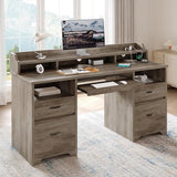 Bestier Farmhouse 59" Executive Desk with Drawers, Wood Computer Desk with Charging Station, Home Office Desk with Keyboard Tray & Monitor Stand, Sturdy Pedestal Desk for Work Study, Grey Bestier