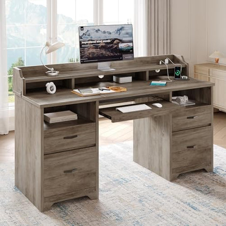 Bestier Farmhouse 59" Executive Desk with Drawers, Wood Computer Desk with Charging Station, Home Office Desk with Keyboard Tray & Monitor Stand, Sturdy Pedestal Desk for Work Study, Grey Bestier
