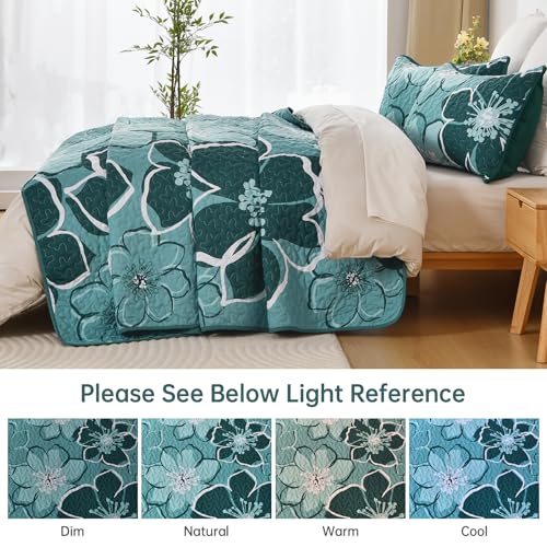 Luxudecor Floral Quilt Set King 3 Pieces Dark Green Flower Quilt Coverlet Set with 2 Pillow Cases, Lightweight Soft Microfiber Reversible Boho Bedspread for All Seasons 108"x92" Luxudecor