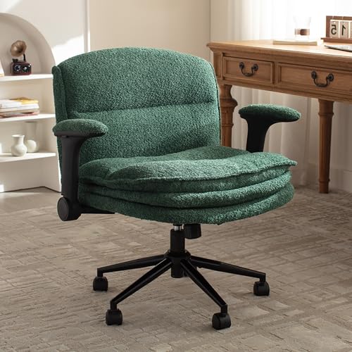 Dowinx Criss Cross Chair with Adjustable Flip-up Arms and Wheels, Comfort Ergonomic Office Desk Armchair with 3 Layer Cushions, Wide Seat Vanity Chair for Home Office, Living Room, Bedroom, Green Dowinx