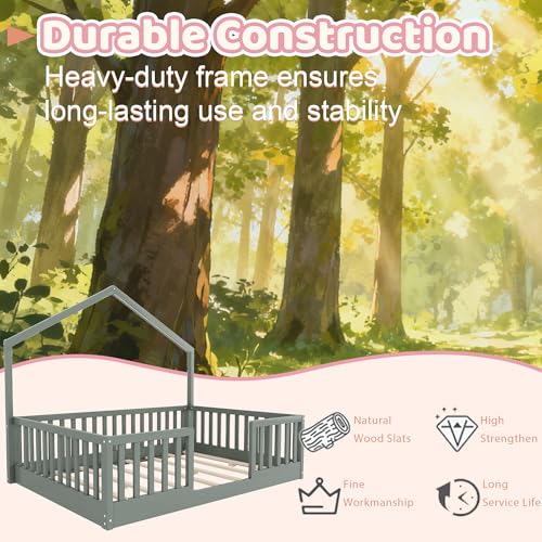 Mirightone Full Floor Bed with High Rails, Wooden Montessori Bed Frame with Single Color Light and House Shape Design, Low Profile Beds for Kids, Boys and Girls, Grey Mirightone