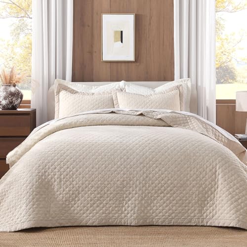 Grassix Linen Quilt Set King Size 3-Piece, 100% Linen Front & Cotton Back, Prewashed Diamond Stitch Bedspread with 2 Shams, Lightweight Breathable Quilt for Hot Sleepers, Modern Farmhouse Bedding Grassix