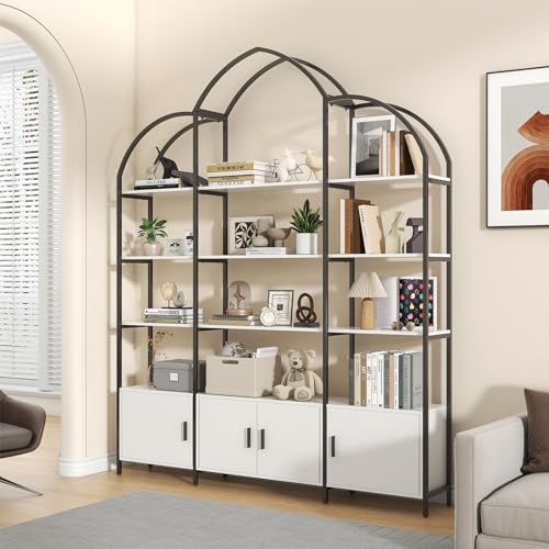 Semoic Arched Bookshelves and Bookcases: Triple Wide 5-Tier Large Open Bookshelf, Etagere Bookcase with Display Shelf for Home Office, White and Black