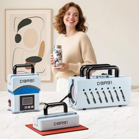 D9A91 3 in 1 Heat Press Machine, Hat Press Machine and Tumbler Heat Press Machine. for Caps, T-Shirt & More, 11-30oz Mug Press, Heat Up Fast and Even,No Crease, LCD Digital Temperature -Light Blue D9A91