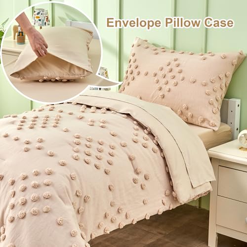 Toddler Bedding Set for Girls 4-Piece Beige Jacquard Pom Pom Tufts Embroidery Bohemian Boho Tufted Dots Comforter Set for Baby Kids Bed-in-a-Bag with Comforter, Flat Sheet, Fitted Sheet, Pillowcase VIVILINEN