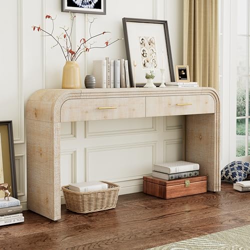 VilroCaz Unique Retro Curved Console Table with 2 Top Drawers, Versatile 59'' Long Accent Entryway Table Sofa Table for Entrance, Dinning Room, Living Room (Natural-C5) VilroCaz