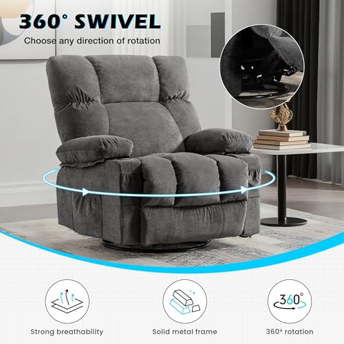 MAHOMICO Recliner Chair Oversized Swivel Rocker with Vibration Massage & Lumbar Heating, 360° Swivel, USB Charging Port, Cup Holders & Side Pocket for Living Room