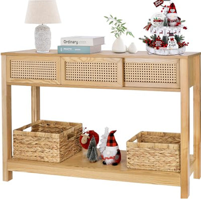 Long Console Table, Console Tables for Entryway, Rattan Entry Table Narrow Wood Console Table with Storage Drawers, Modern Couch Table Hallway Table Boho Sofa Table for Living Room