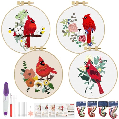 ERKOON 4 Sets Embroidery Kit, Animal Cross Stitch Set for Include Embroidery Cloth Hoops Threads for Craft Lover Hand Stitch (Cardinal)
