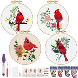 ERKOON 4 Sets Embroidery Kit, Animal Cross Stitch Set for Include Embroidery Cloth Hoops Threads for Craft Lover Hand Stitch (Cardinal)