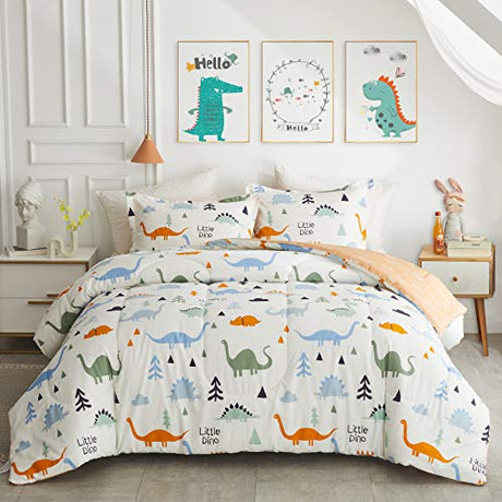 Joyreap 3pcs Cotton Comforter Set for Kids, Dinosaur Full/Queen Size Cotton Bedding Comforter for Boys Girls, White n Orange Reversible Design, Soft n Cozy Comforter for All Season- 88x88 inches Joyreap