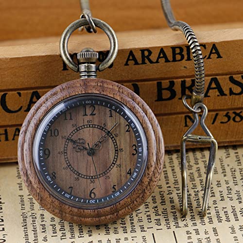 Tiong Wooden Pocket Watches for Men Handmade Bamboo with Chain Analog Quartz Wood Pocket Watch Father's Day Gifts for Dad(Dark Brown) Tiong