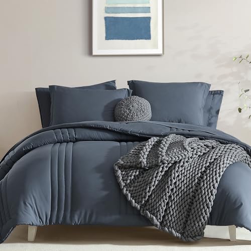 Monbix King Size Comforter Set - 7 Pieces Bed in a Bag King, Blue Gray Bedding Sets with Comforter, All Seasons Comforter Bed Set with Sheets, Pillowcases & Shams Monbix