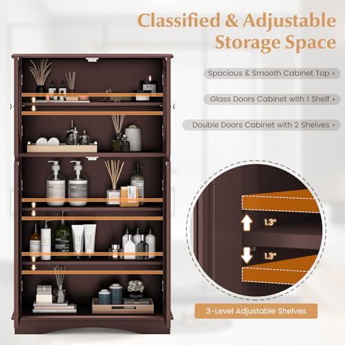 Tangkula Bathroom Storage Cabinet, Freestanding Floor Cabinet w/2 Glass Doors, 3-Level Adjustable Shelves, Anti-toppling Design, Kitchen Pantry Cupboard for Bathroom Living Room (Cabinet, Brown) Tangkula