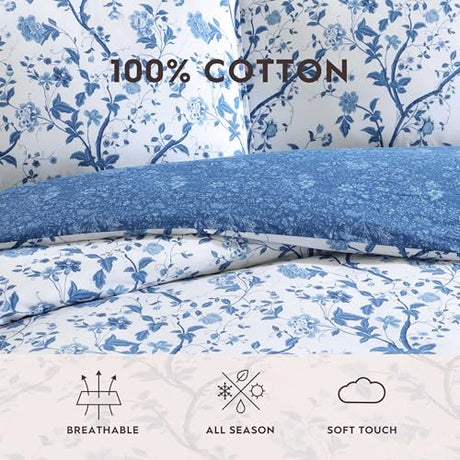 Laura Ashley - King Comforter Set, Reversible Cotton Bedding, Includes Matching Shams with Bonus Euro Shams & Throw Pills (Elise Blue, King) Laura Ashley
