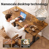 Veken 55 Inch Large Electric Standing Desk, Heights Adjustable, Sit to Stand Up, Work Home Office Computer Table for Study, Walking Pad, Writing, and Games, Wooden Desktop Desks, Brown Veken